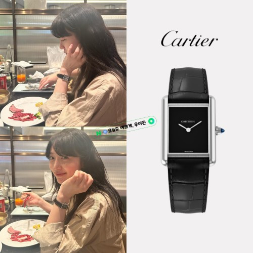 까르띠에 탱크 머스트 워치 표예진. 시계 스몰 쿼츠 스틸 앨리게이터 스킨 블랙