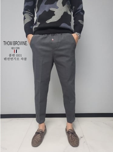 톰브라운 가죽탭 기모 밴딩 면 팬츠