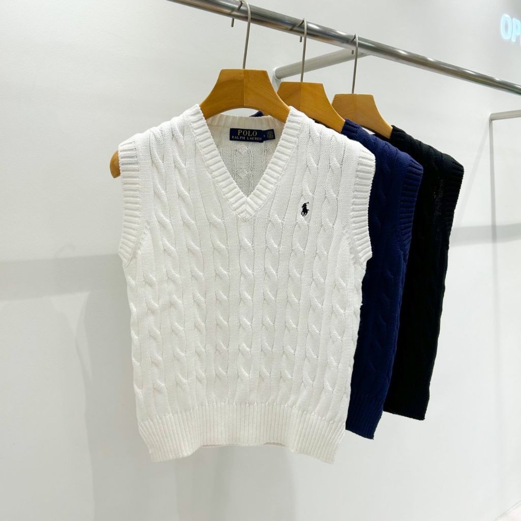폴로 여성 코튼 꽈배기 V넥 조끼 니트
