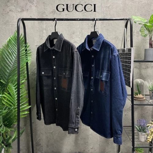 구찌 포켓 포인트 레더 스냅 데님 셔츠 자켓