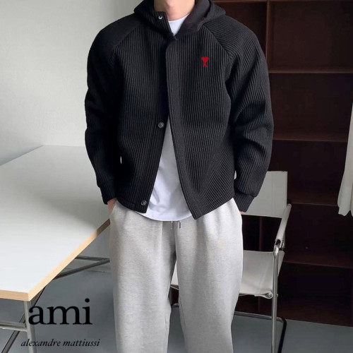 AM 자수 하이넥 후드 가디건