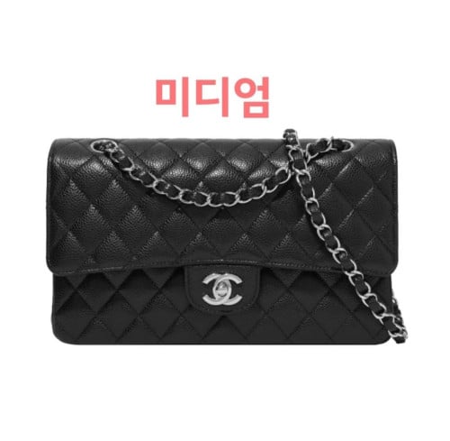 💕 샤* NEW 클래식 미디움 플랩백 그레인드 카프스킨 & 실버 메탈 블랙 ❤풀박스❤️