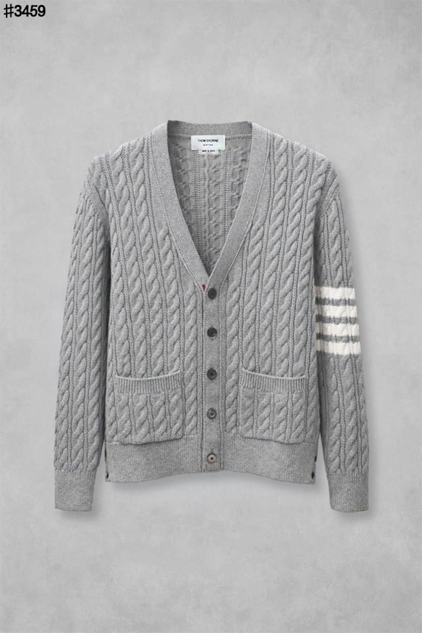 🍀 [THOM BROWNE] 톰브라운 코튼 사선 4-바 케이블 울 니트 브이넥 가디건 🍀