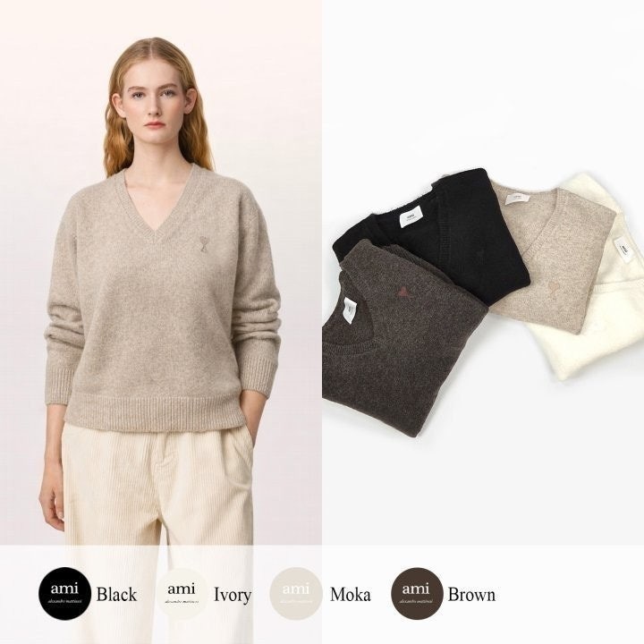 💕 아* 드 꾀흐 까마이외 자수 V넥 울 스웨터 (여성)