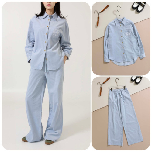 #로에베 [ L*EWE ] 수입 아나그램 자수 로고 코듀로이 셔츠 & 팬츠 SET -스카이블루- 입고💢 #여성세트 #셔츠바지