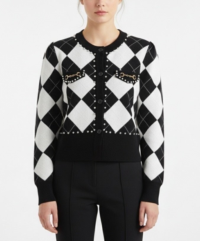 #명품의류 G 장식 아가일 니트 가디건 (7049) (dmd 904541)