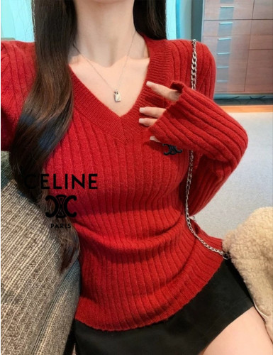 셀자수 브이넥 소매 트임 골지 니트 1016