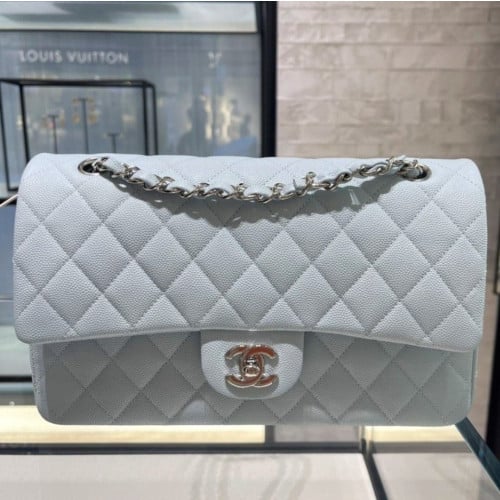 💕 샤* 클래식 미디움 플랩백 캐비어 그레인드 카프스킨 실버 메탈 라이트블루 ❤풀박스❤️ 고급