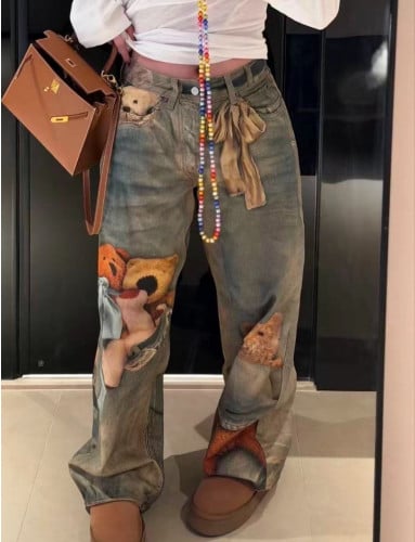 💕 아** 스튜디오 26 1981 곰돌이 프린팅 루즈핏 진 - 수입