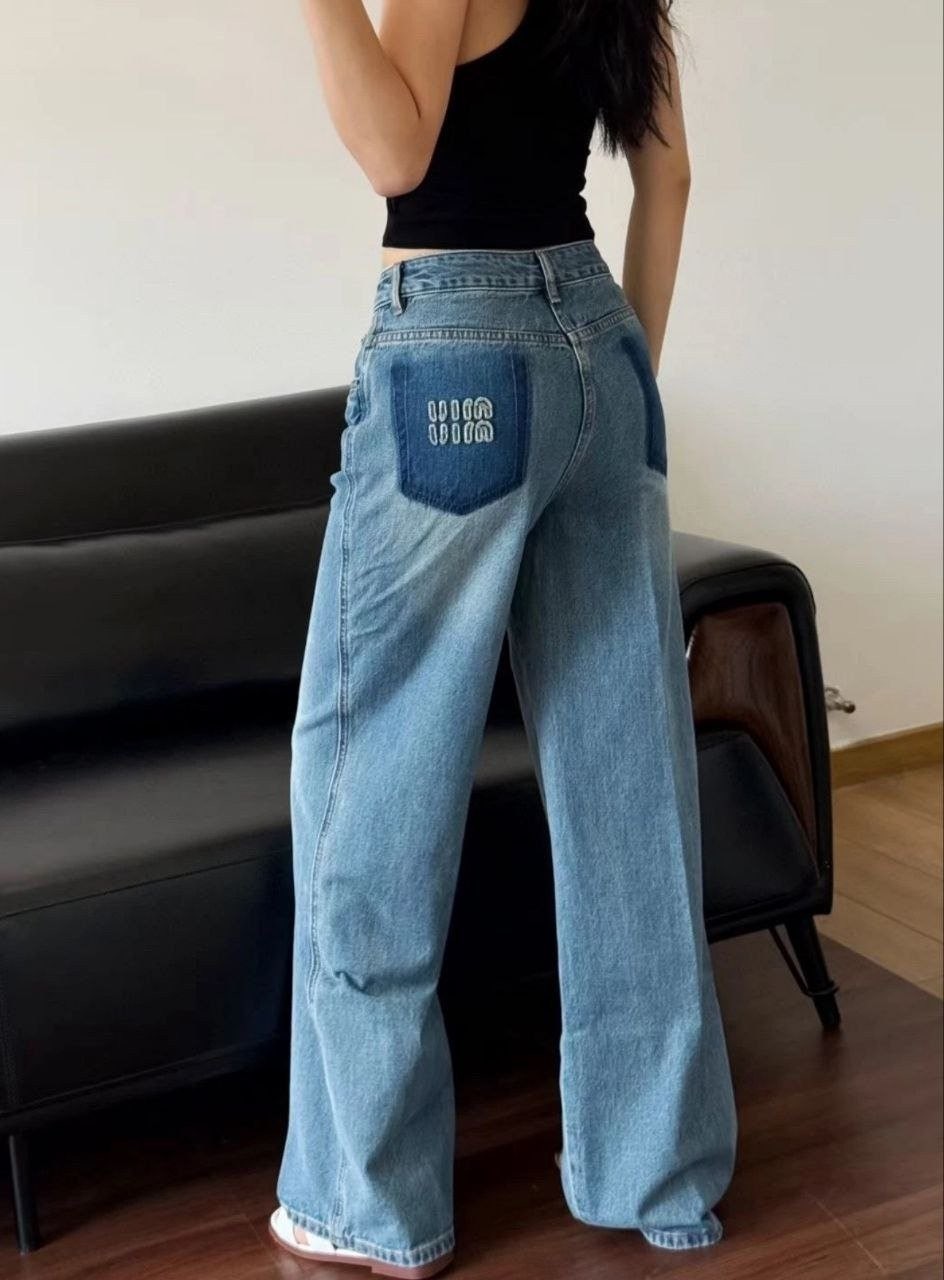 💕 미*** 페이크 포켓 패치 로고 워싱 데님팬츠 - 수입