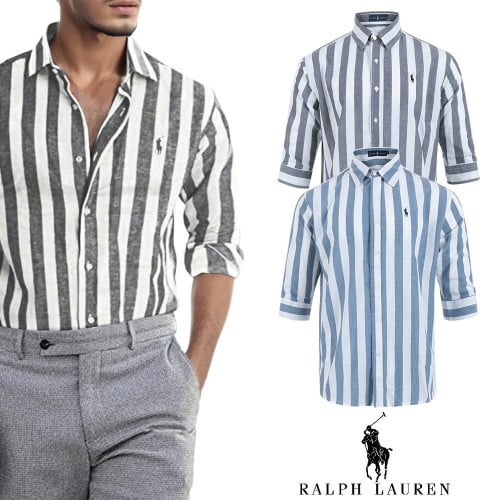 💕 폴* 포니자수 스트라이프 린넨7부셔츠