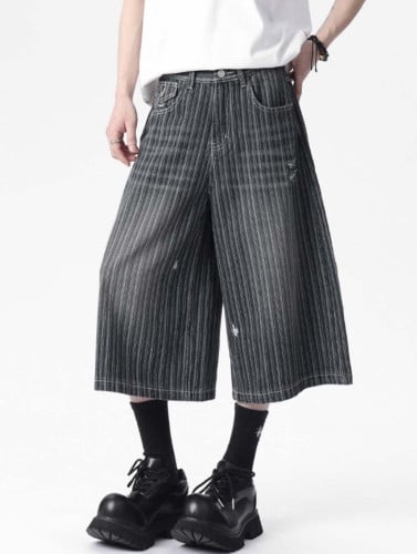 💕 프** 스트라이프 워싱 데님 버뮤다 팬츠 (남녀공용)