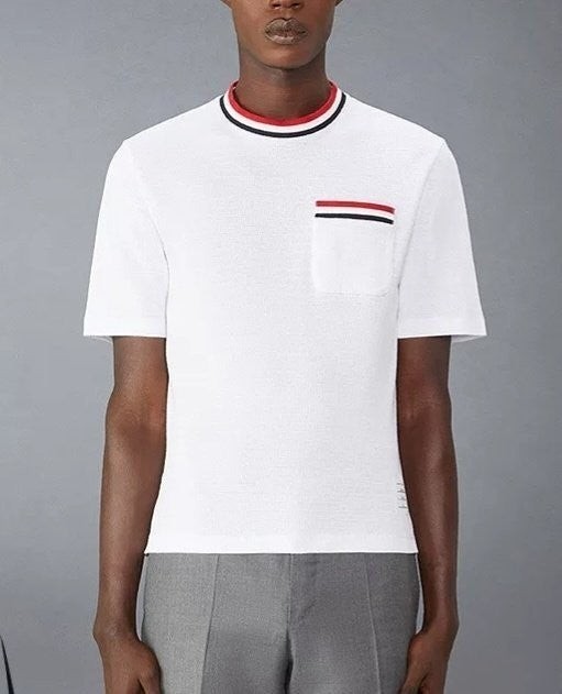 💕 톰* 옴므 삼선 포켓 반팔 라운드 니트