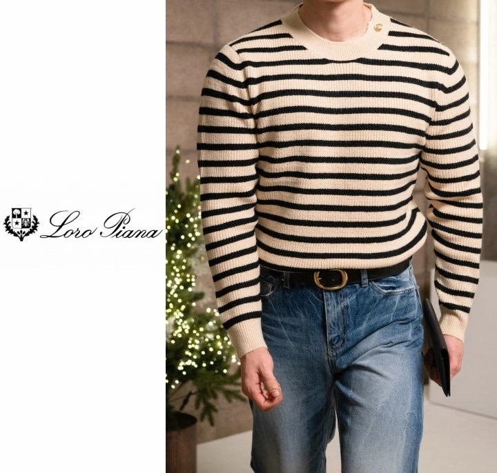 LLP 스트라이프 견장니트 아이보리