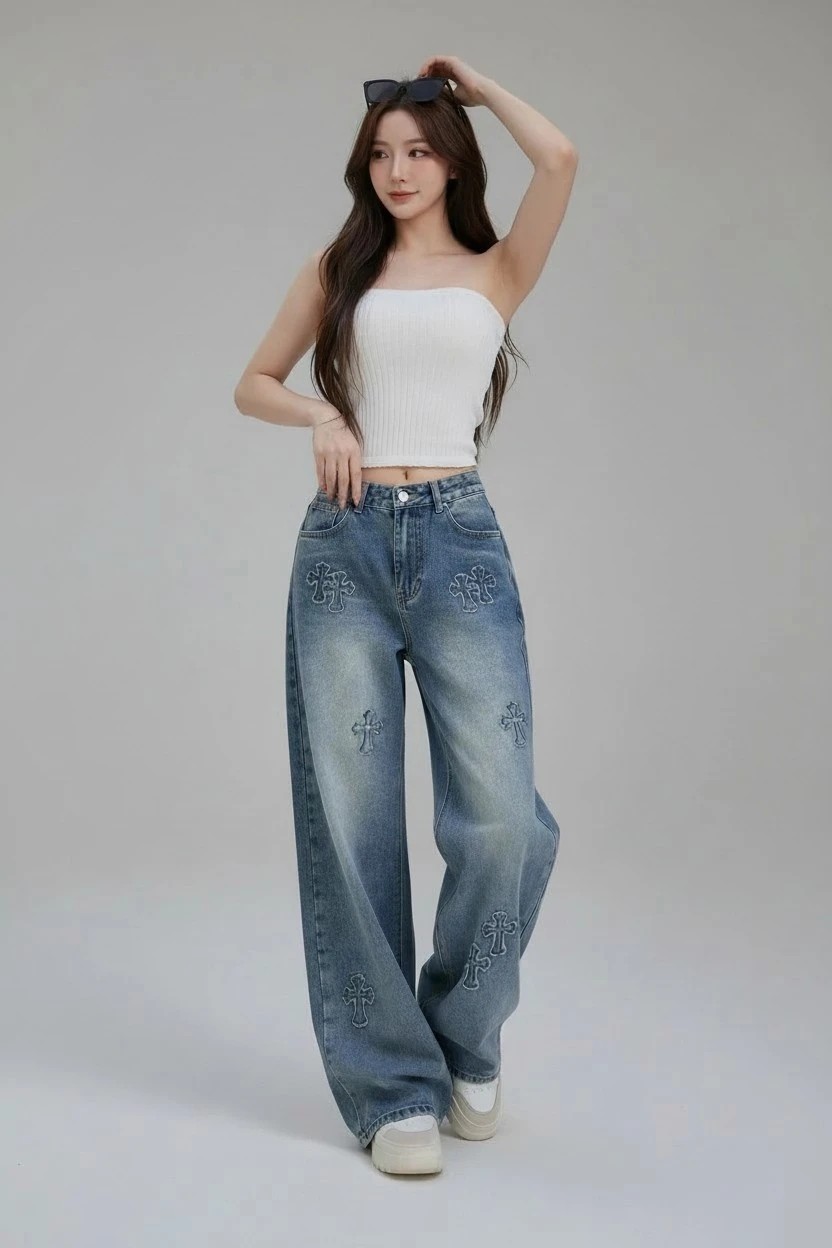 크VVV 크로스 패치 와이드핏 워싱 데님팬츠