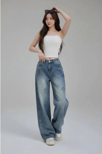 크VVV 크로스 패치 와이드핏 워싱 데님팬츠