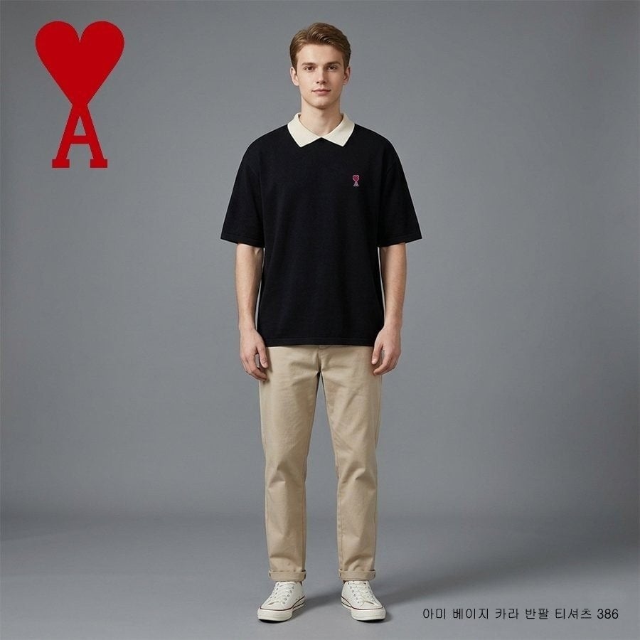 💕 아* 베이지 카라 반팔 티셔츠 386