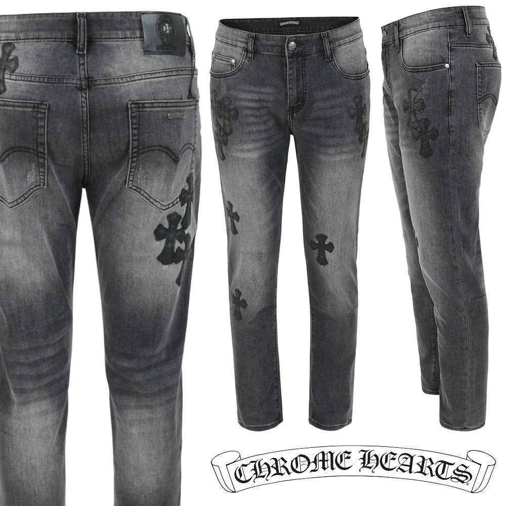 💕 크* 멀티 레더 패치 흑청 슬림 일자진