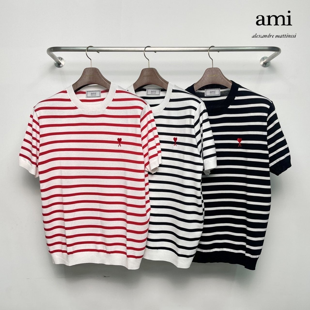 💕 아* 스몰하트 스트라이프 라운드 니트반팔