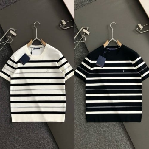 스트라이프 자수로고 라운드 니트 LOU-2667