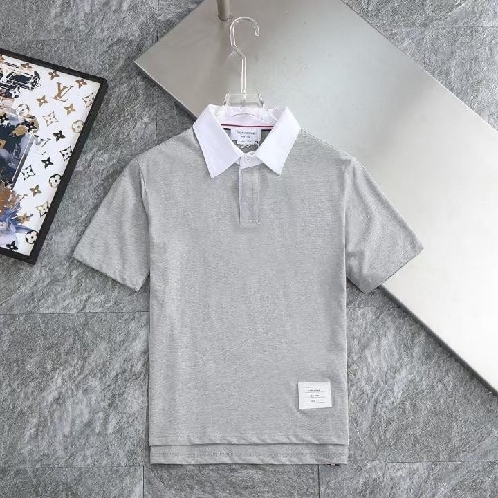 *빅사이즈 추가* 배색 넥 로고패치 코튼 카라티 그레이 TM-4065