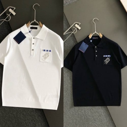 다미에 넥포인트 포켓자수로고 라운드 니트 LOU-2663